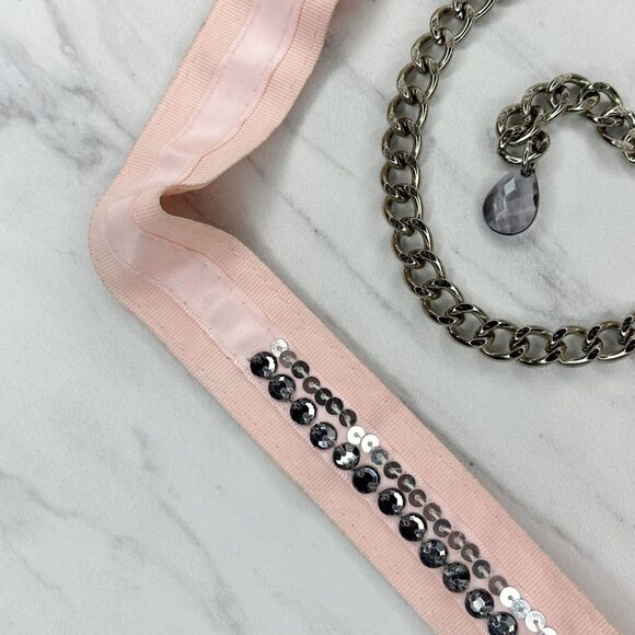 New York & Company Pink Flower Chain Link Belt Silver Tone Large/XL (L/XL) ✨ - Picture 4 of 12